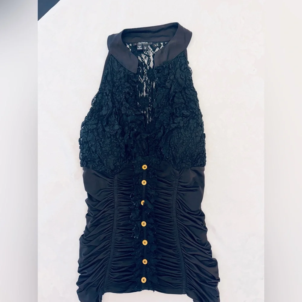 Black Lace & Ruched Button-Front Top - Picture 1 of 3